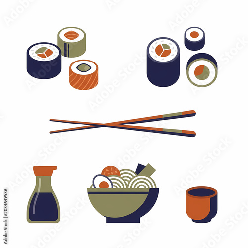 A delightful collection of minimalist flat design Japanese cuisine elements, showcasing various sushi rolls, traditional chopsticks, a steaming noodle bowl, soy sauce, and a teacup.