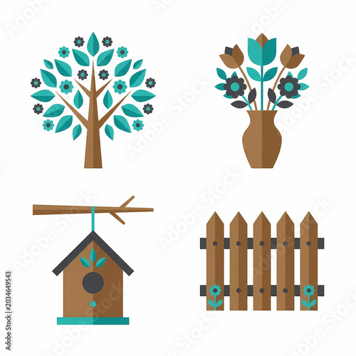 A charming flat vector illustration depicting various iconic garden and nature elements, featuring a stylized tree, a floral vase, a rustic birdhouse, and a classic picket fence with flowers.