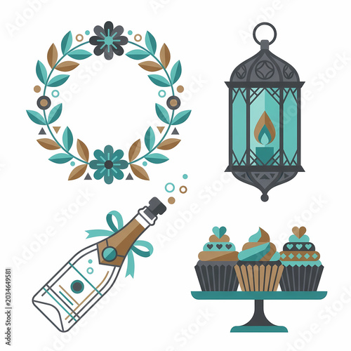A festive assortment for joyous occasions, featuring a beautiful floral wreath, a glowing traditional lantern, a popping champagne bottle, and an array of delightful cupcakes.