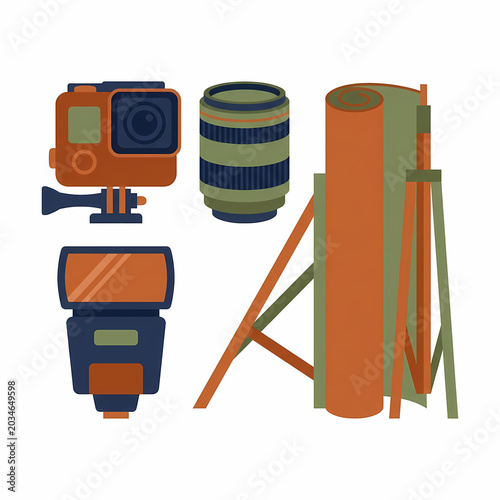 A vibrant collection of professional filmmaking equipment, including an orange action camera with mount, a striped camera lens, a detailed flash unit, and a tall backdrop stand.