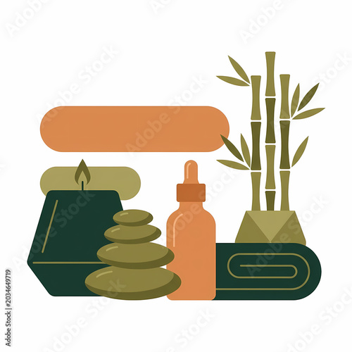 Spa and wellness essentials are depicted: lit candle, stacked stones, essential oil, rolled towel, bamboo. This promotes relaxation and tranquility.