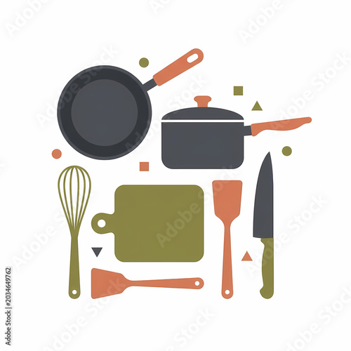 Diverse collection of essential kitchen utensils showcasing a frying pan, pot, whisk, cutting board, various spatulas, and a sharp chef's knife, arranged with colorful geometric accents.