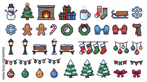 Cute Pixel Art Winter Holiday Sprite Sheet Retro 8 Bit Christmas Assets