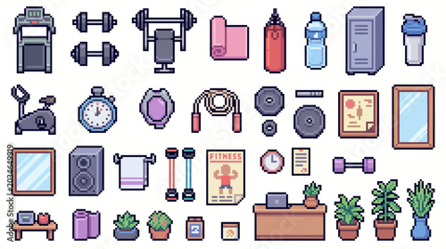 Kawaii Gym and Workout Pixel Art Objects Retro RPG Sprite Sheet