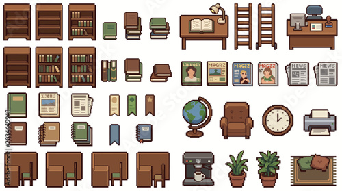 Retro Library Pixel Art Asset Pack with Cozy Bookstore Objects