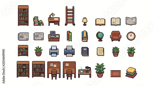 Kawaii Library and Reading Room Pixel Art Objects Retro RPG Sprite Sheet