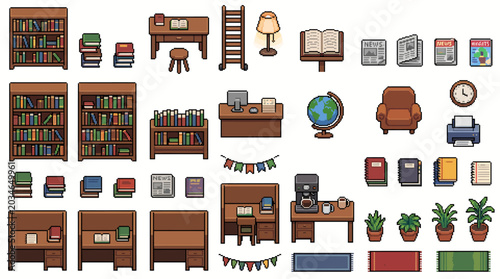 Cute Pixel Art Library and Bookstore Sprite Sheet Retro 8 Bit Assets