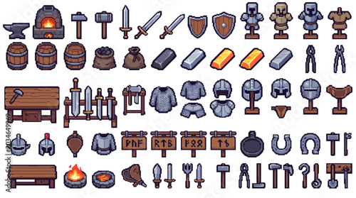 Kawaii Medieval Forge Pixel Art Objects Retro RPG Sprite Sheet