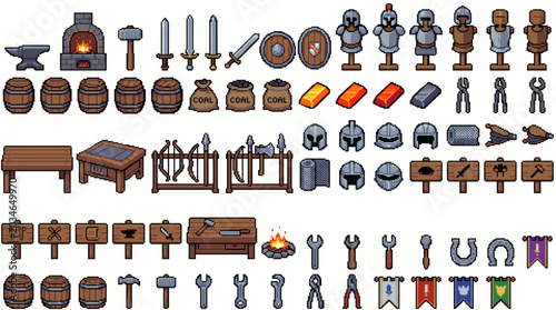 Cute Pixel Art Medieval Blacksmith Workshop Sprite Sheet Retro 8 Bit Assets