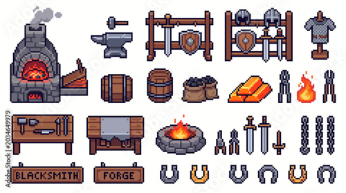 Retro Medieval Blacksmith Pixel Art Asset Pack with Workshop Objects
