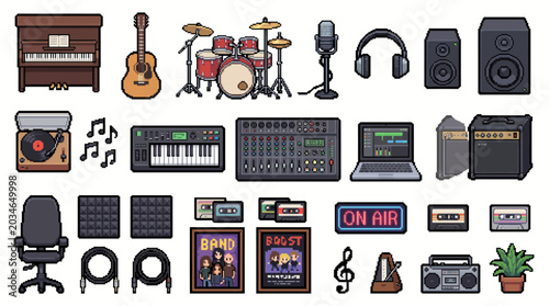Retro Music Studio Pixel Art Asset Pack with Recording Objects
