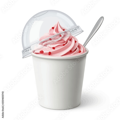 Pink strawberry soft serve ice cream in a cup with spoon