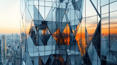 Sleek futuristic office building with a reflective glass facade bold geometric patterns clean architectural crisp reflections of the surrounding cityscape