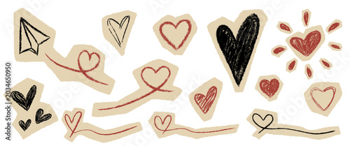 Hand Drawn Crayon Heart Collage Clipart Collage Set. Whimsical Magazine Torn Cutout Paper Sticker Collection with Paper Airplane and Punk Scribble Hearts. Vector Illustration Isolated