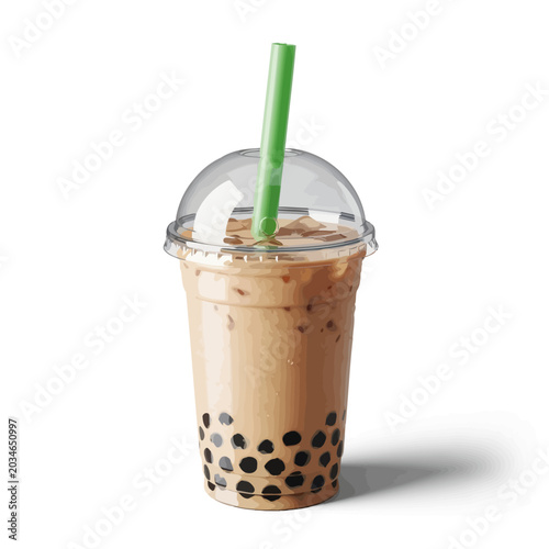 Iced milk tea with boba pearls and a green straw