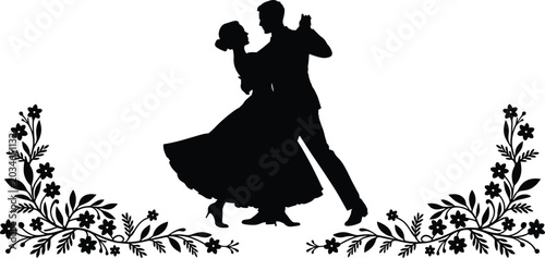 Silhouette of dancing couple with floral embellishments