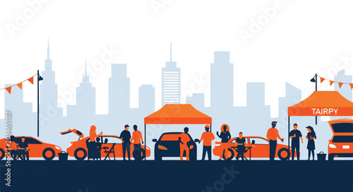 Diverse fans gathered for a tailgate party in an urban parking lot, simple car silhouettes, city background, orange and navy color blocks, minimalist flat vector artwork, clipart style, absolute