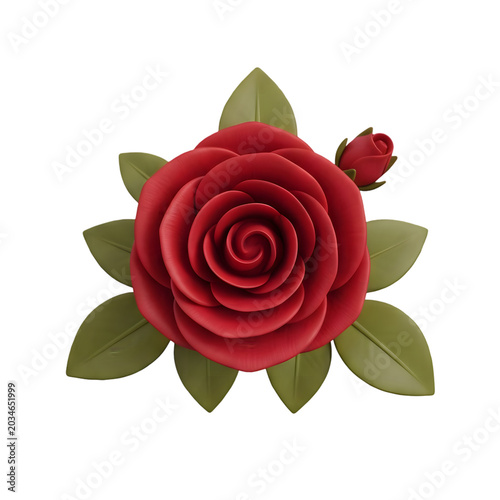 Red Rose with Bud and Green Leaves