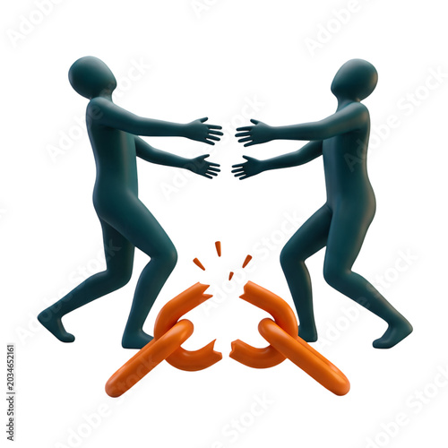 Two figures reaching for a broken chain link