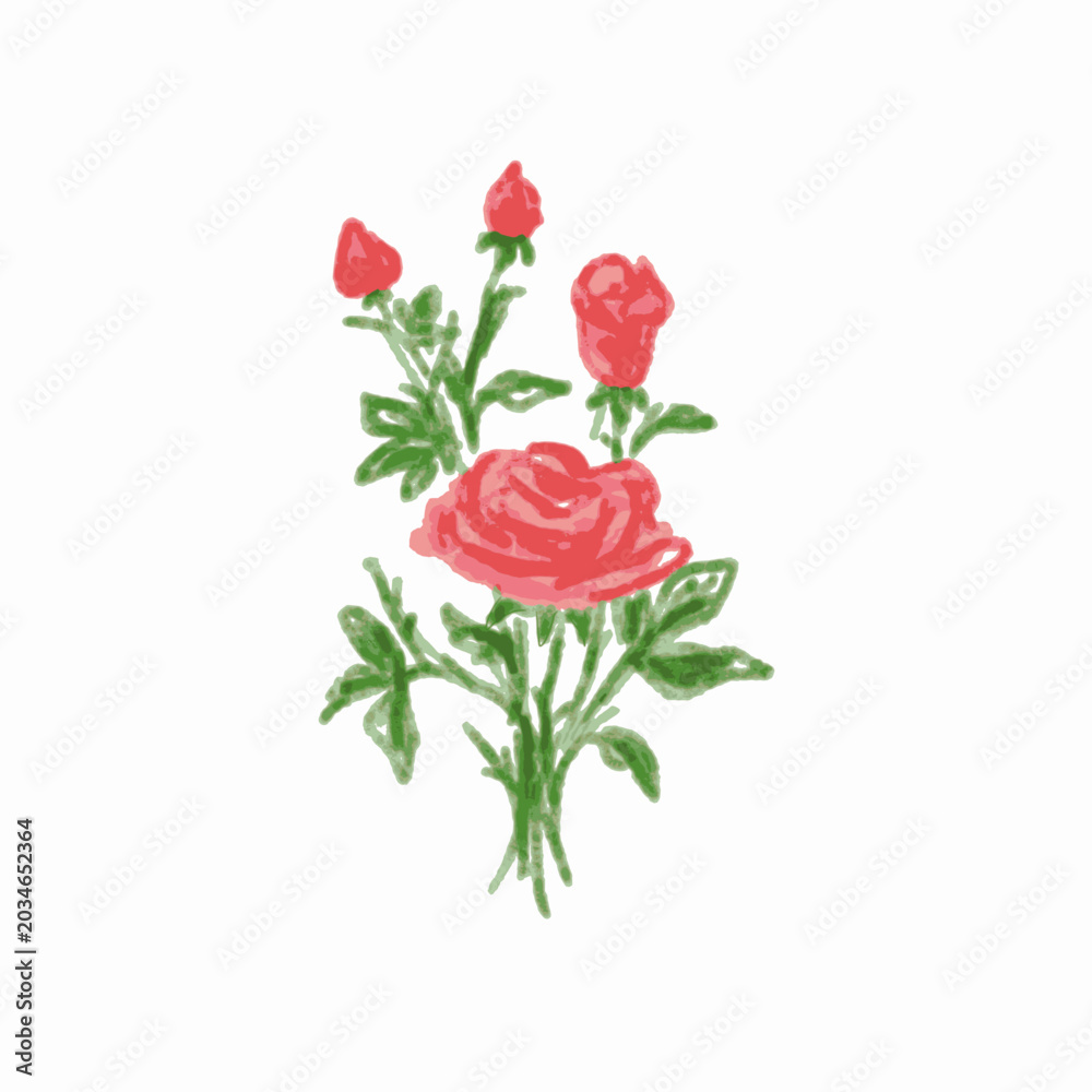 Fototapeta premium Hand-Painted Watercolor Red Orange Rose Stem with Beautiful Blooms and Lush Leaves