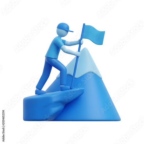 3D Character Reaching Mountain Summit with Flag