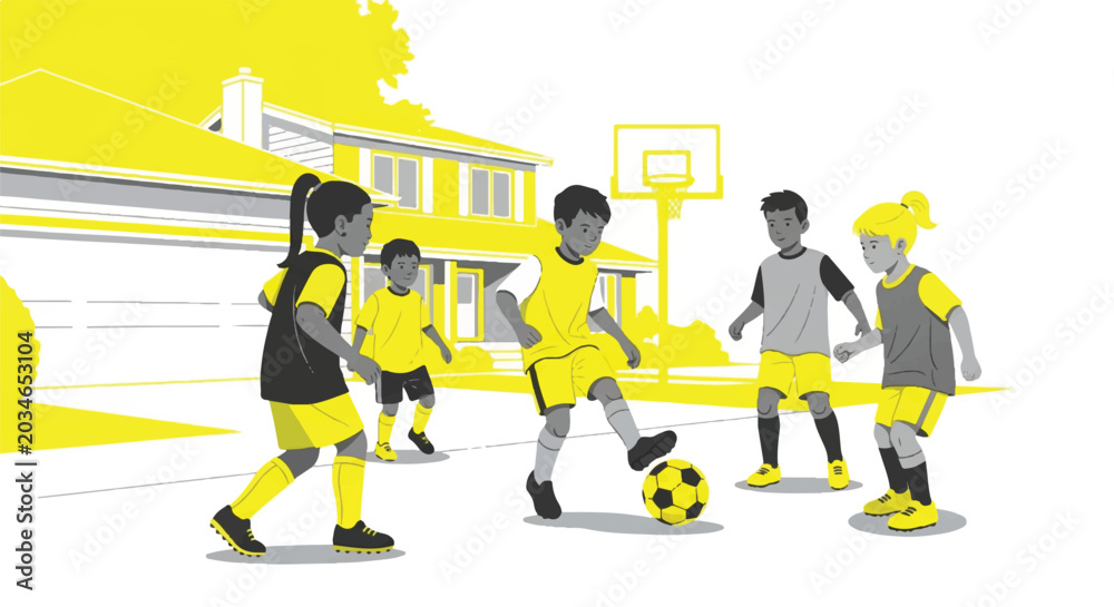 Fototapeta premium Diverse children practicing soccer in a typical North American suburban driveway, basketball hoop silhouette in background, yellow and grey palette, minimalist flat vector artwork, clipart