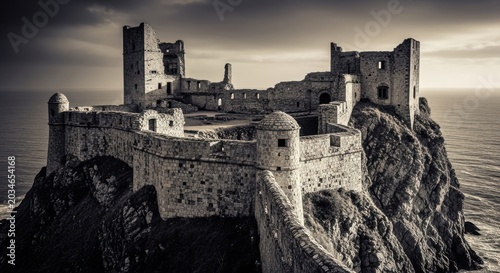 Ancient Stone Fortress Ruins Perched on Mountainous Terrain