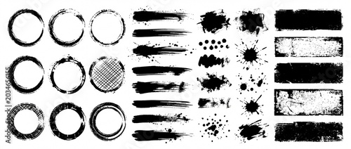 Collection of grunge brush strokes ink splatters and distressed frames abstract design elements for c