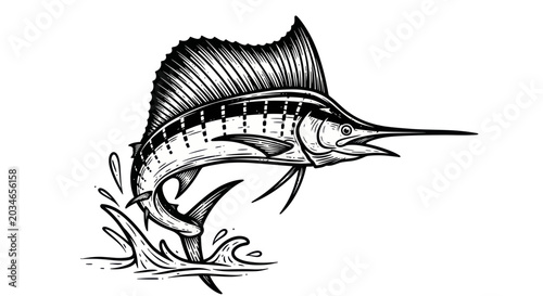 Tableau sur toile Jumping Marlin Fish Illustration, Ocean Wildlife, Fishing Sport