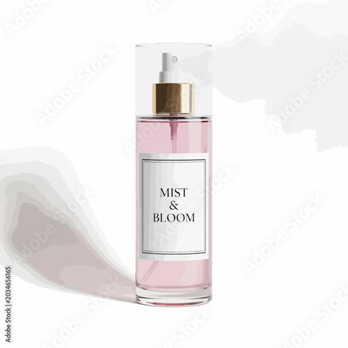Elegant pink body mist bottle with gold spray pump