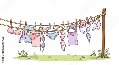 Tableau sur toile Underwear and laundry drying on clothesline in the garden illustration