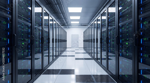 Schilderij op canvas Bright white data center corridor with server racks