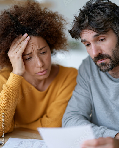 Stressed woman holds her head in worry. Man beside her looks concerned, holding a document. Both appear overwhelmed by financial issues. Image captures tense, everyday emotional moment