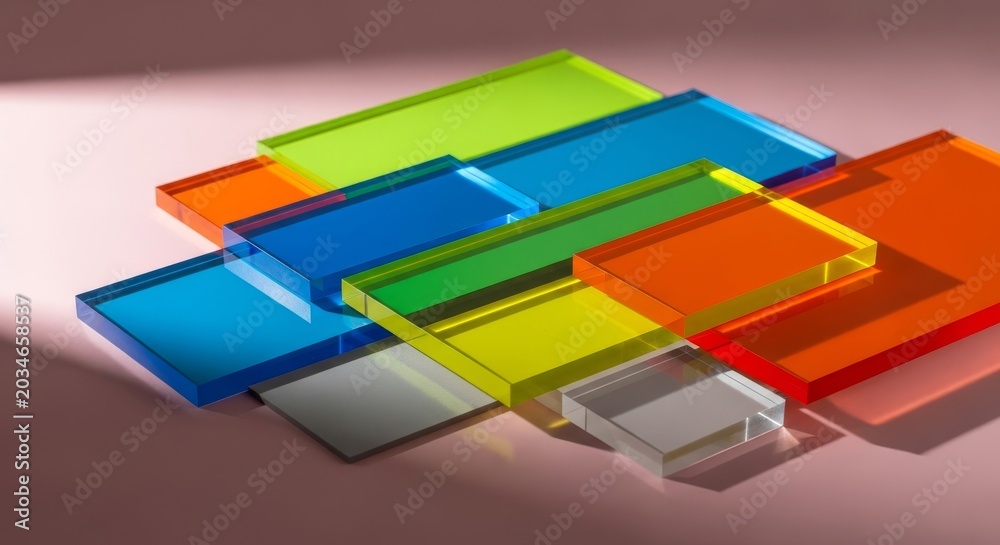 Fototapeta premium Brightly colored acrylic slabs lie across a muted rose backdrop, highlighted by gentle sunlight and subtle depth from soft grey shadows, soft, perspective, cyan