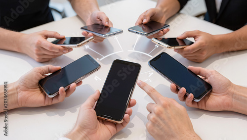 Group of people holding smartphones in a circle on a table