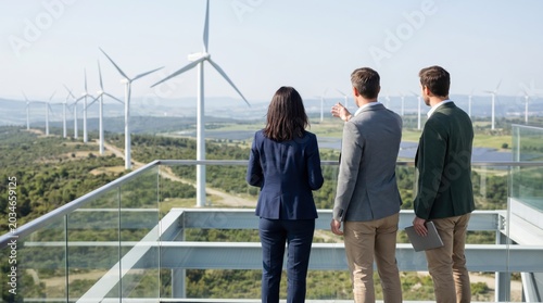 Business team discussing wind farm project from overlook balcony, sustainable energy investment planning concept.