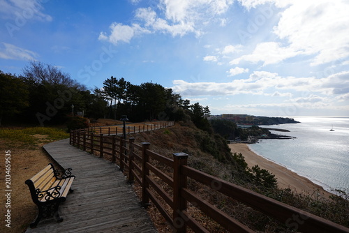 seaside cliff boardwalk and bench