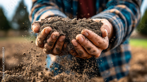 Farmer hands holding rich soil and dirt outdoors with agriculture gardening close