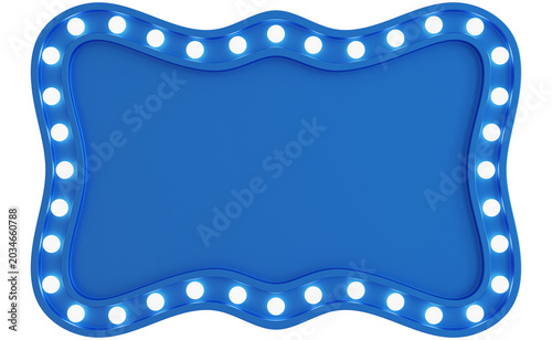 Blue Retro Marquee Sign Board with Light Bulbs, 3d Rendering.