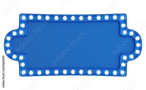 Classic Blue Theater Marquee Board with Glowing Light Bulbs, 3d Rendering.
