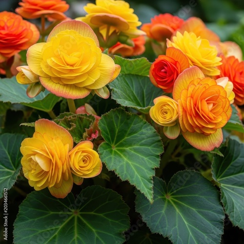 Vibrant yellow and orange begonia flowers in full bloom, showcasing their delicate petals and lush green foliage in a garden setting.