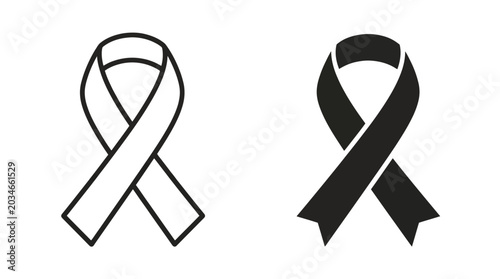 Minimalist vector icons of awareness ribbons in outlined and filled styles, symbolic loop design representing causes, remembrance, mourning, support, solidarity, health campaigns illustration