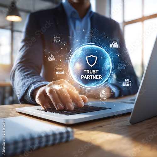 Businessman working on laptop with digital trust partner interface and security icons for networking.