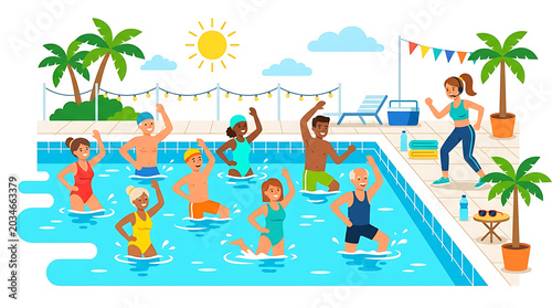 People exercising in swimming pool, water aerobics class, fitness fun, sunny summer scene