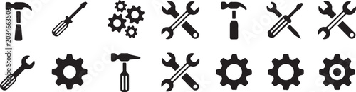Foto Tools set with wrenches, hammers, and gears in black and white featuring icons,