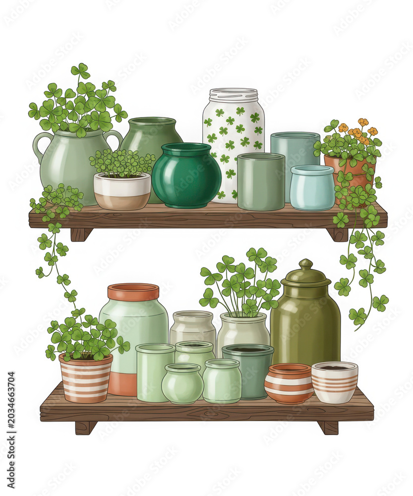 Fototapeta premium Collection of Green and White Jars and Pots with Clover Plants on Wooden Shelves