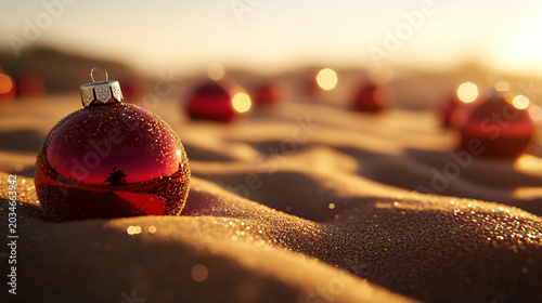 Red Christmas Baubles on Desert Sand Dunes at Sunset Background