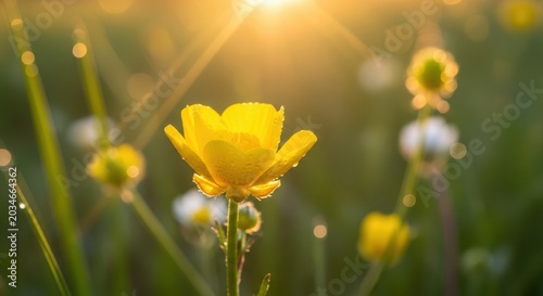 Vibrant yellow buttercup flower in a sunlit meadow with dew drops.