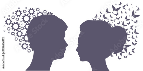 Human relationships concept. Man and woman silhouettes looking at each other with different mindsets or psychological features. Neurodiversity in human. Logic and thinking.