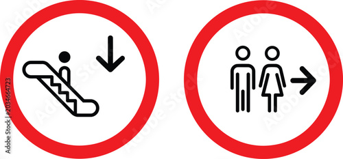 Canvas-taulu A clear set of public facility navigational signs with escalator and restroom symbols on a transparant background, a direct graphic sign design for wayfinding